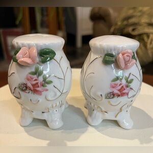 Vintage German Bone China Rose and Gold Leaf Salt and Pepper Set, Cottage Core